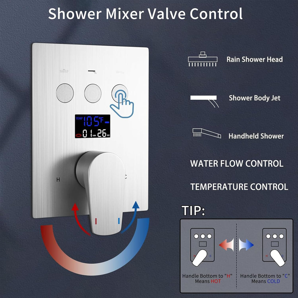 Dual Shower Heads Shower System with 12 Inch Ceiling Rainfall Shower Head and 8 Inch Side Shower Head Digital Display Shower Fixtures Luxury Shower Faucet Set,Brushed Nickel