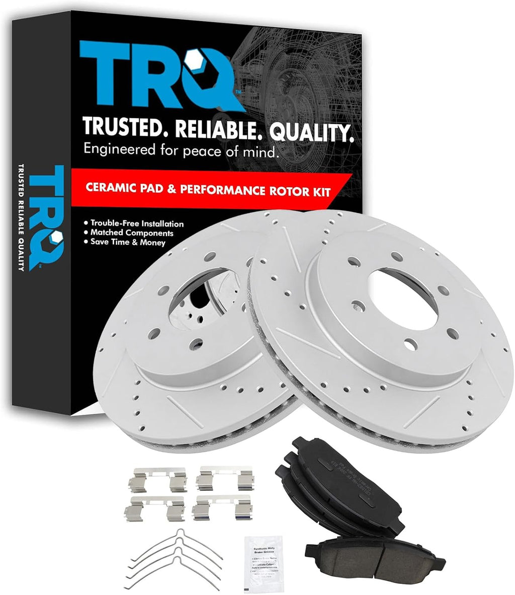 TRQ Performance Front Brake Pad and Rotor Set Ceramic Coated Drilled Slotted Vented Rotors Compatible with 2004-2008 Ford F-150 2006-2008 Lincoln Mark LT