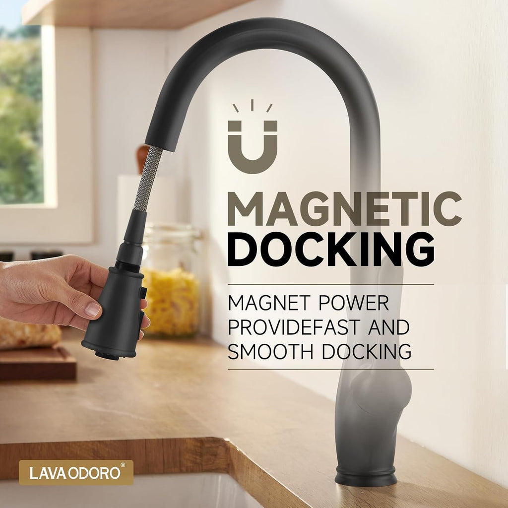 Black Kitchen Faucet with Pull Down Sprayer, Lava Odoro Matte Black Kitchen Sink Faucet with Magnetic Docking Spray 3-Function, Faucet for Kitchen Sink 1 Hole and 3 Hole with Deck Plate, KF271-MB