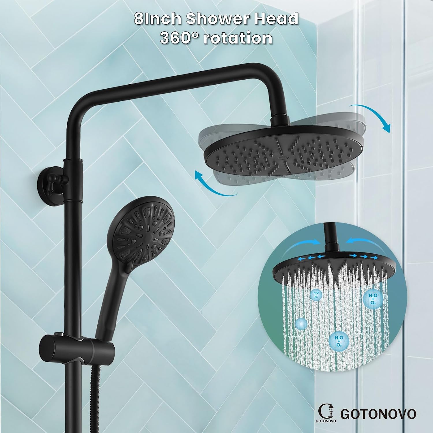 gotonovo Exposed Shower Faucet Set 8 Inch Rainfall Showerhead 3-Function Shower Fixture with Tub Spout 2 Corss Handles Shower System, Matte Black