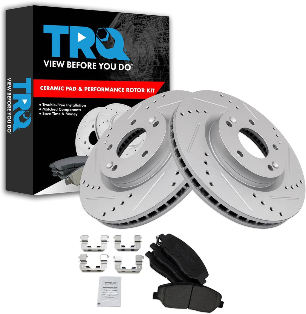 TRQ Performance Front Ceramic Brake Pad and Rotor Set Coated Drilled Slotted Compatible with 2007-2009 Hyundai Santa Fe 2013-2016 Hyundai Santa Fe