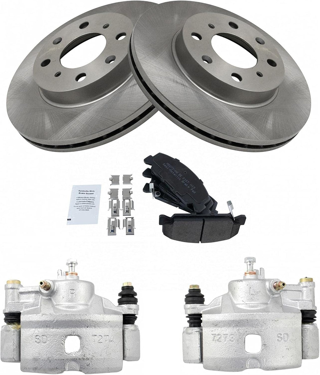 TRQ Front Brake Pad and Rotor Set Semi Metallic Vented Rotors Calipers Compatible with 1990-2000 Honda Civic 1993-1997 Civic del Sol 1990-1991 CRX