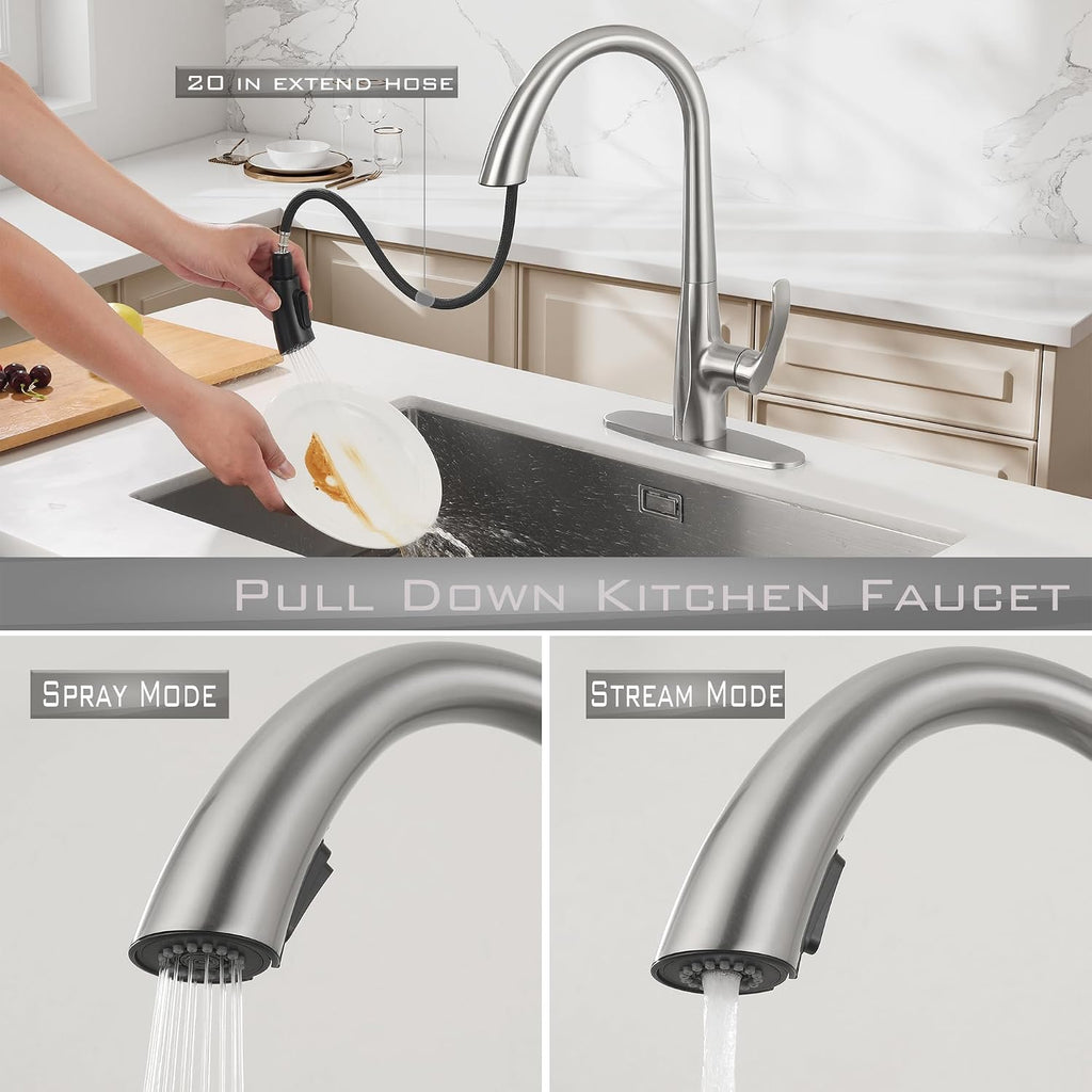 Touchless Pull Down Kitchen Sink Faucet, Brushed Nickel Activated Smart Motion Sensor Kitchen Faucet Single Handle, Stainless Steel Hands Free Faucet with Sprayer for Kitchen Sink