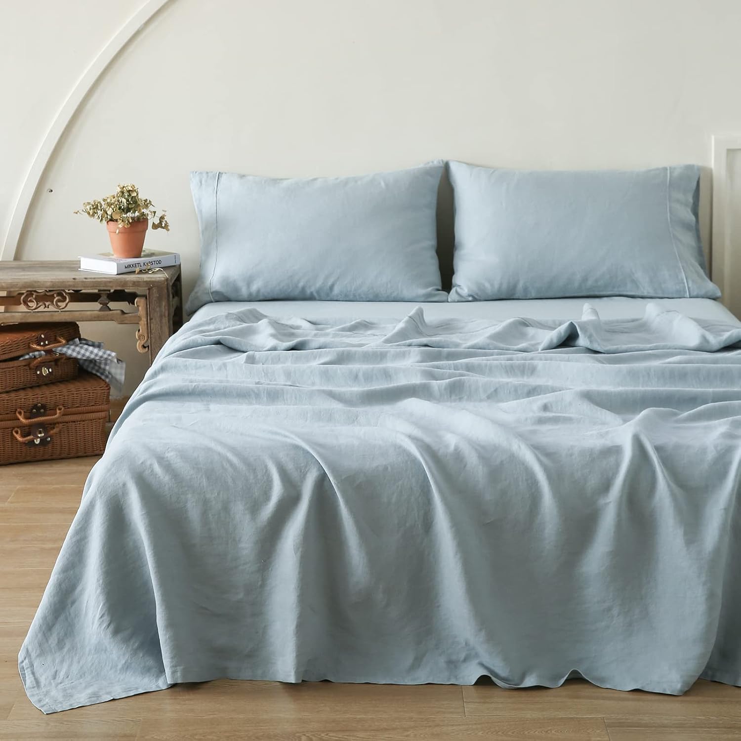 Simple&Opulence 100% Pure Linen Sheet Set Queen Size, Natural French Flax Solid Color 4 Pcs Washed Breathable, Farmhouse Bedding (1 Flat Sheet,1 Fitted Sheet,2 Pillowcases)-Embroidery Dusty Blue