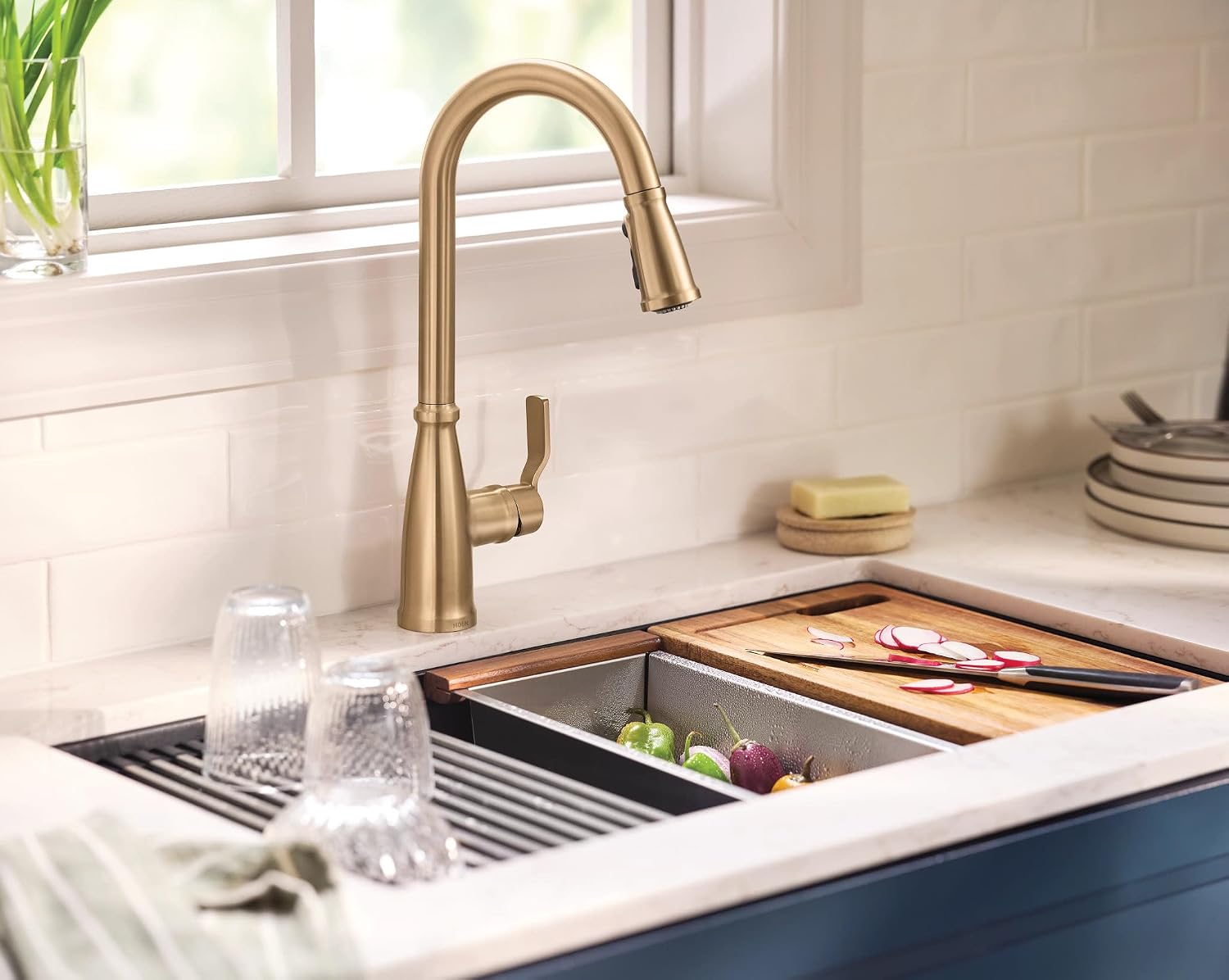 Moen 87071BZG Nolia One-Handle Pull-Down Kitchen Faucet with Power Boost, Soap Dispenser Included, High Arc, 1 or 3 Hole Installation, Brushed Gold