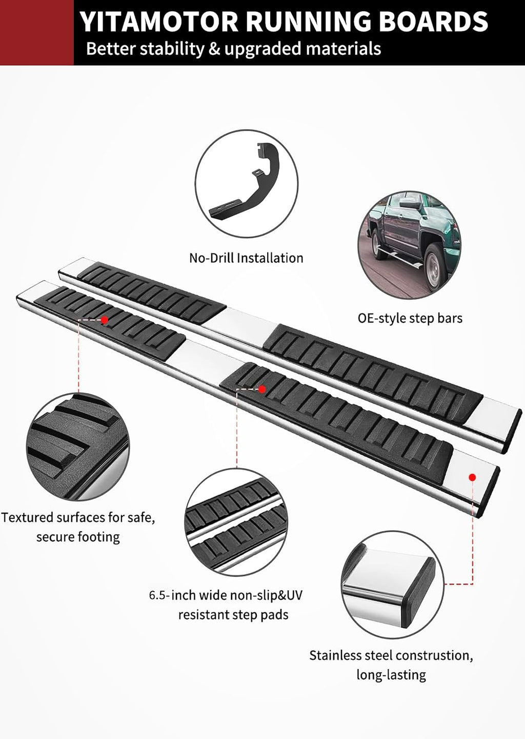 YITAMOTOR 6.5 Inches Running Boards Compatible with 2019-2026 Chevy Silverado/GMC Sierra 1500 Crew Cab, 2020-2026 2500HD 3500HD, Running Boards for Silverado Crew Cab, Side Step Bars Stainless Steel