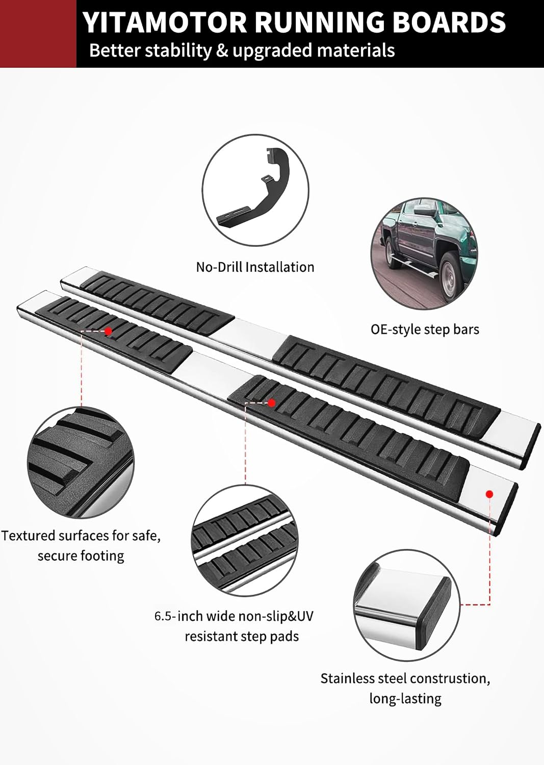 YITAMOTOR 6.5 Inches Running Boards Compatible with 2019-2026 Chevy Silverado/GMC Sierra 1500 Crew Cab, 2020-2026 2500HD 3500HD, Running Boards for Silverado Crew Cab, Side Step Bars Stainless Steel