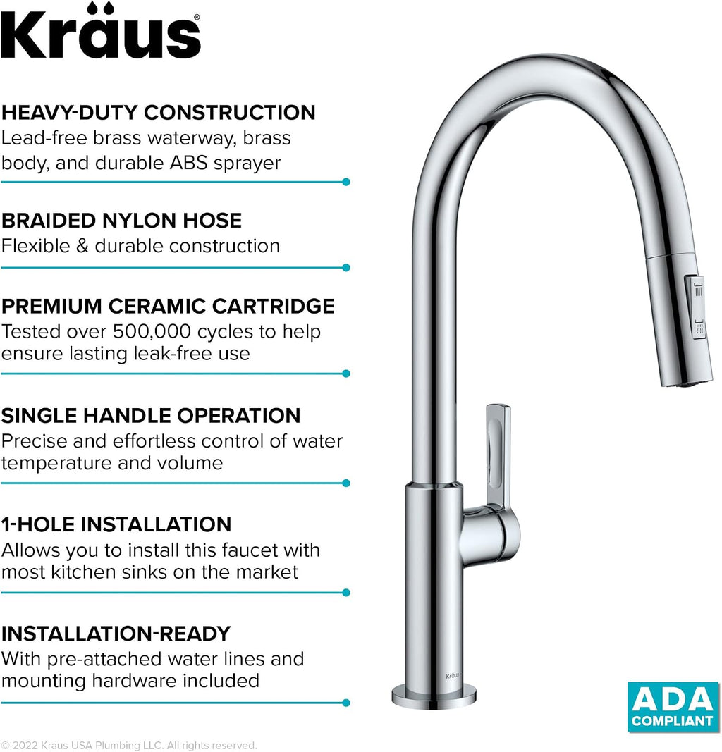 KRAUS Oletto Single Handle Pull Down Kitchen Faucet in Chrome, KPF-2820CH
