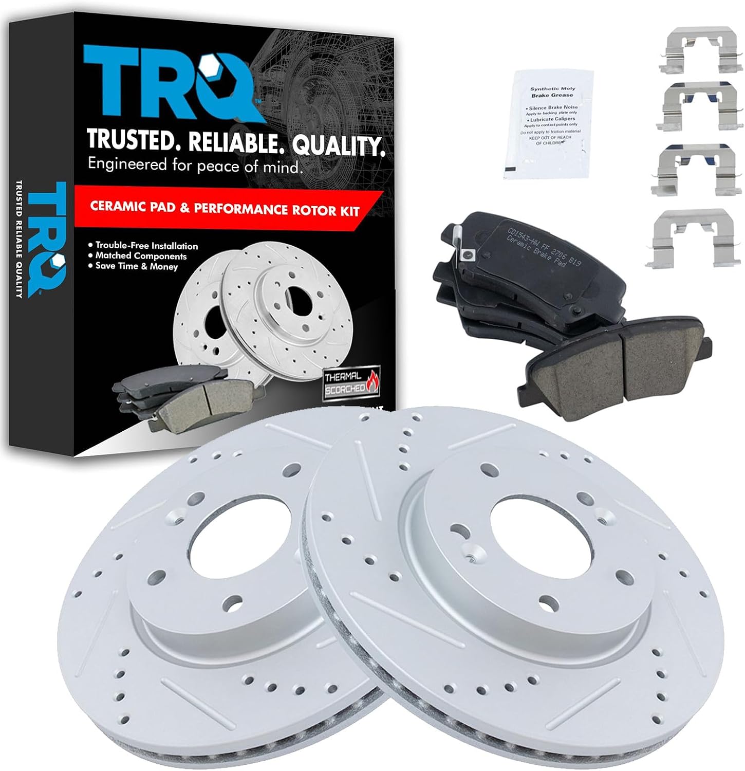 TRQ Performance Front Brake Pad & Rotor Set Ceramic Coated Drilled Rotors Compatible with 11-16 Hyundai Elantra 13-16 Elantra Coupe GT 12-16 Veloster 14-16 Kia Forte Forte Koup 15-16 Forte5