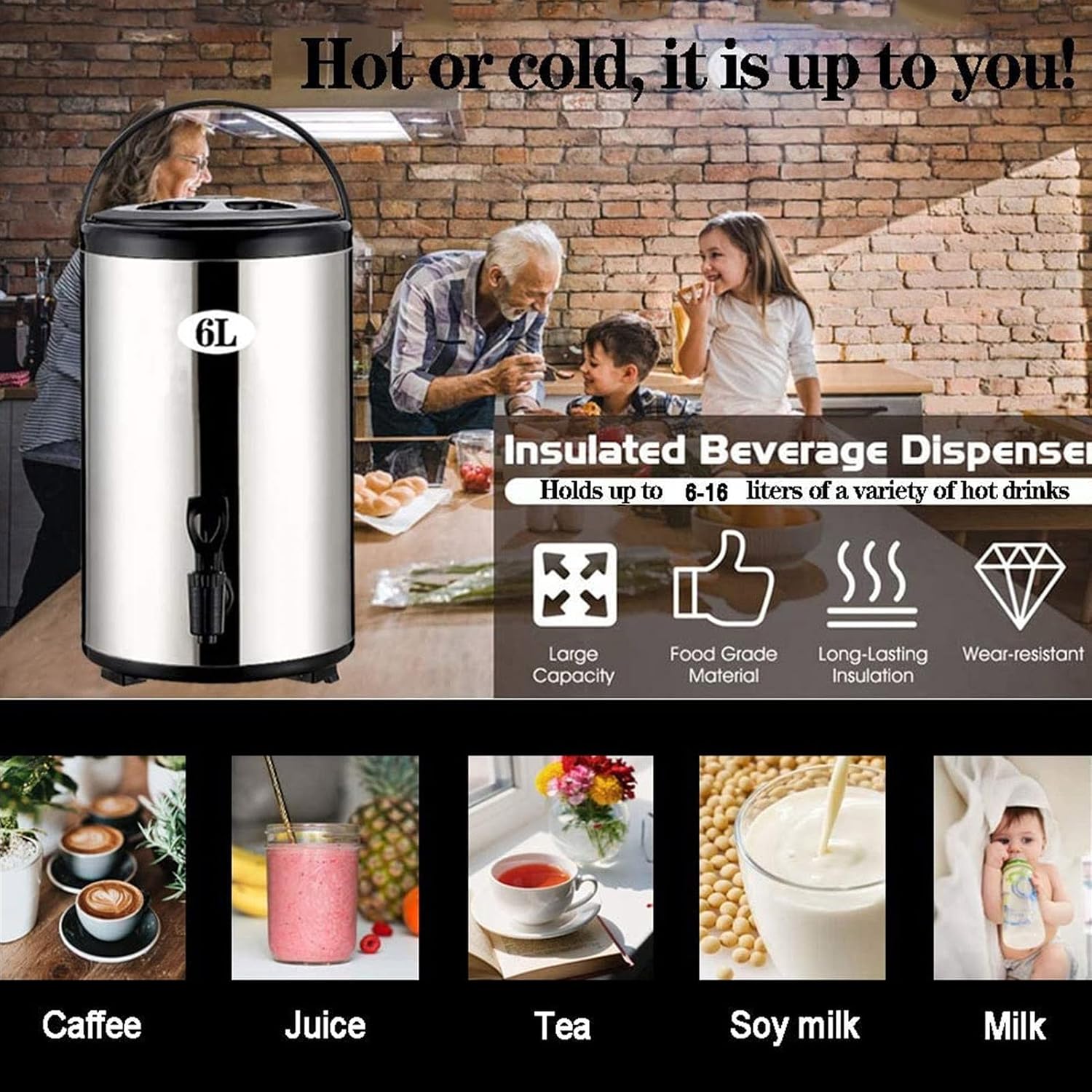 Juice Dispenser Hot & Cold Beverage Dispenser, 304 Stainless Steel Large Capacity Hot Water Dispenser with Faucet and Foldable Tripod Kettle Thermostat Commercial and Home