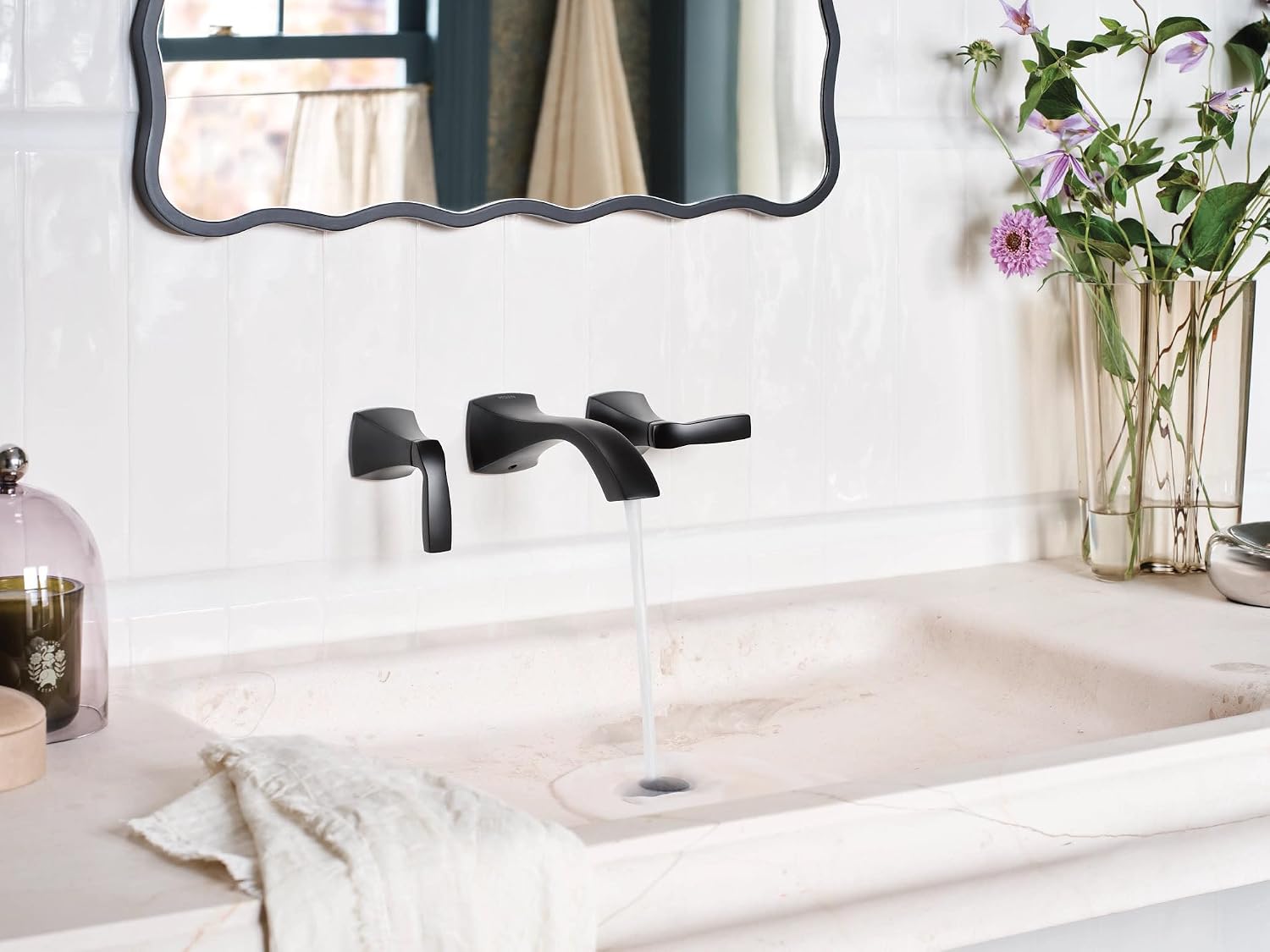 Moen T6906BL Voss Matte Black Two-Handle Wall Mount Bathroom Faucet Trim Kit, Valve Required