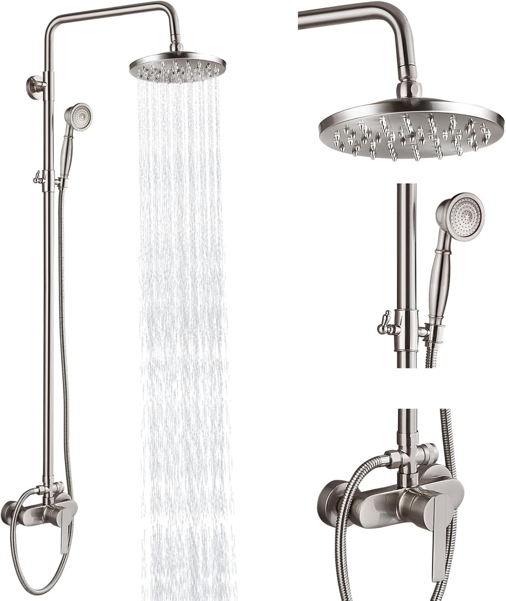 Heyalan Exposed Pipe Shower System Brushed Nickel 8 Inch Rainfall Showerhead Shower Faucet Fixture Combo Set Brass Single Handle with Hand Sprayer Adjustable Slide Bar Dual Functions