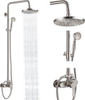 Heyalan Exposed Pipe Shower System Brushed Nickel 8 Inch Rainfall Showerhead Shower Faucet Fixture Combo Set Brass Single Handle with Hand Sprayer Adjustable Slide Bar Dual Functions