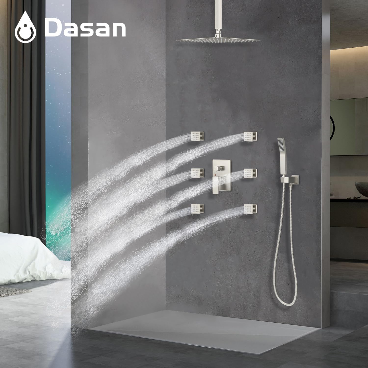 DASAN Full Body Shower System with 6 PCS Body Spray Jets & 12'' Rain Shower Head & Handheld, Ceiling Mount Rain Shower System Brushed Nickel Shower Faucets Sets Complete with Valve, SA-SS03ABN-S12C