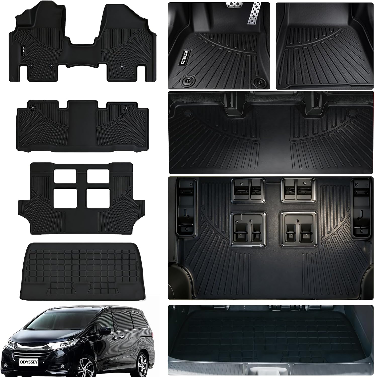 All Weather Floor Mats for Honda Odyssey 2017 2016 2015 2014 2013 2012 2011 Mini Passenger Van TPE Rubber Liners Odyssey Odorless Anti-Slip Car Floor Liners-1st & 2nd & 3rd Row & Cargo Mat Full Set