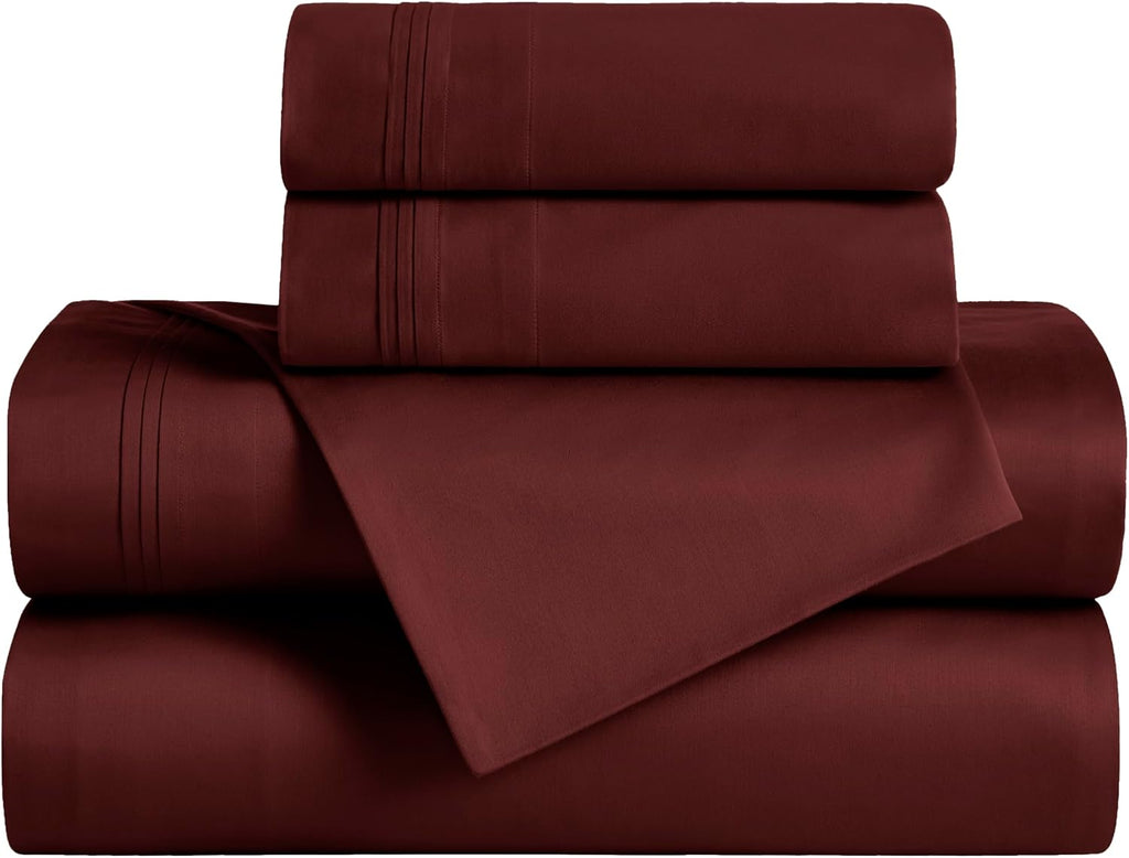 Superior Egyptian Cotton 4 Piece Sheet Set, 650 Thread Count, Eco-Friendly, Sustainable Sheets, Ultra-Soft Basics, Solid, Deep Pocket Fitted Sheet, Flat Sheet, Pillowcases, California King, Burgundy