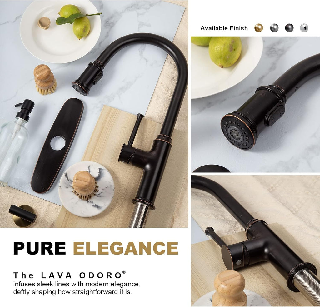 Lava Odoro Oil Rubbed Bronze Kitchen Faucet with Pull Down Sprayer, Single Handle Kitchen Sink Faucet Bronze Faucet for Kitchen Sink 1 Hole and 3 Hole, Deck Plate Included, KF421-ORB