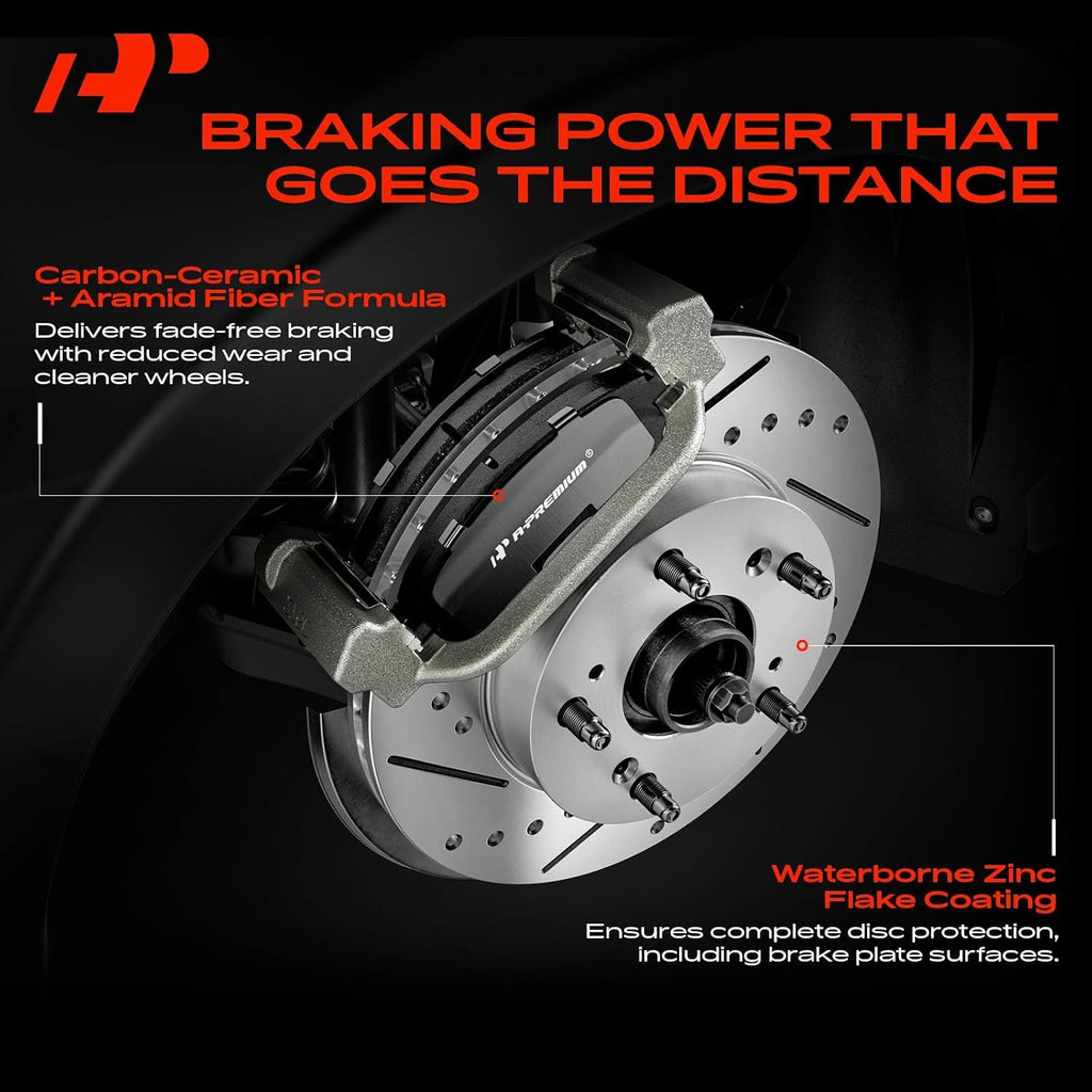 A-Premium 13.58 in (345 mm) Front Drilled and Slotted Disc Brake Rotors + Ceramic Pads Kit Compatible with Select Chrysler and Dodge Models - 300, Challenger, Charger, Magnum, 6-PC Set