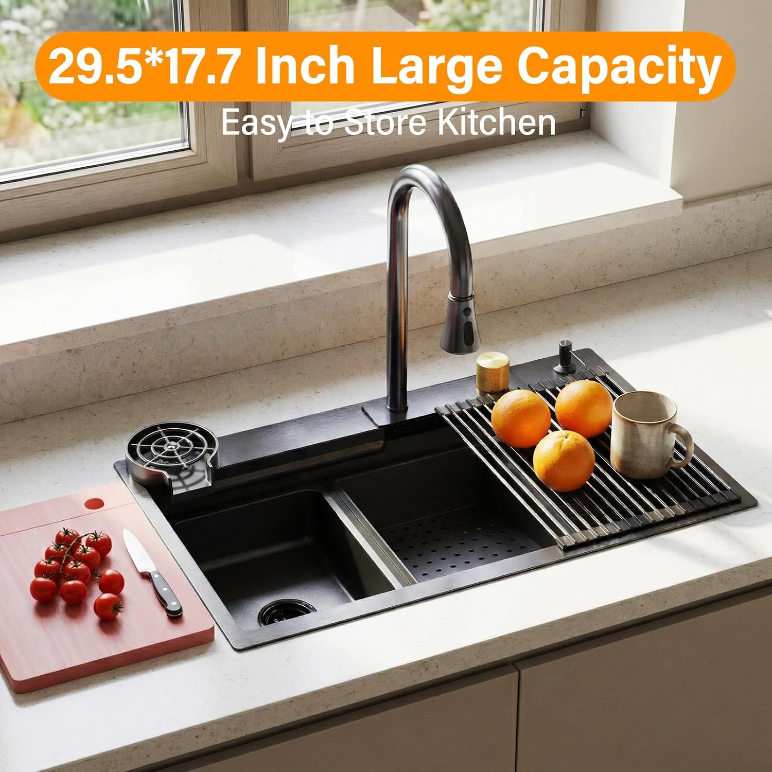 Drop In Kitchen Sink with Faucet, 29.5x17.7x10' Basin Depth Undermount Kitchen Sinks, Stainless Steel Sink with Cup Washer, Drain Strainer, Cutting Board, Colander, Storage Basket & Roll-up Rack