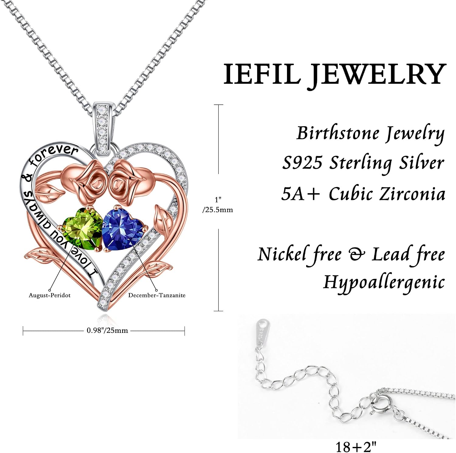 Iefil Rose Heart Double Birthstone Necklace Gifts for Wife Girlfriend Her Women, Birthstone Jewelry Gemstone Birthday Gifts for Mom Grandma Her Wife Women