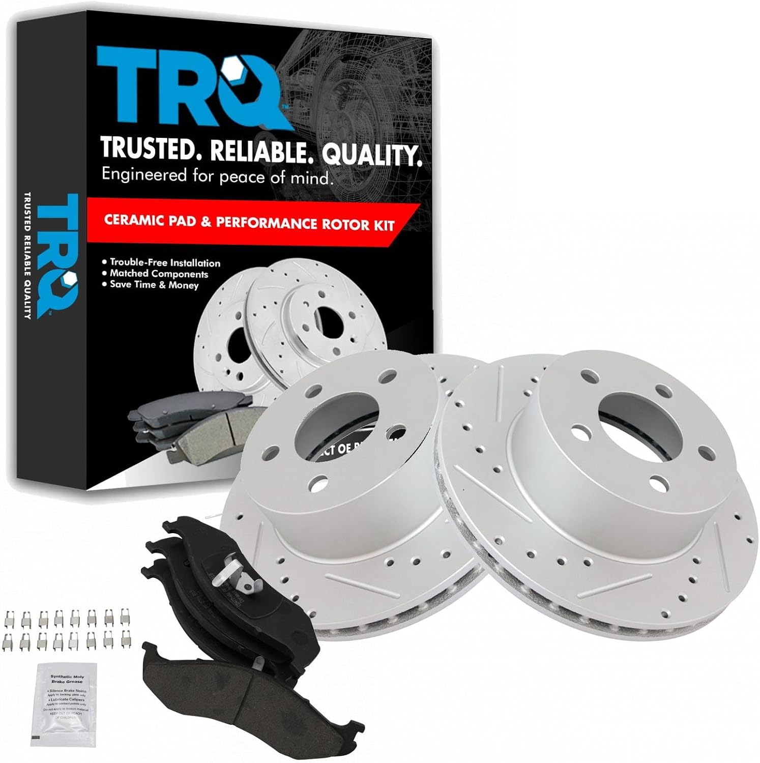 TRQ Performance Front Brake Pad and Rotor Set Ceramic Drilled Slotted Coated Vented Rotors Compatible with 90-98 Jeep Cherokee 90-92 Comanche 93-98 Grand Cherokee 90-99 Wrangler 1990 Wagoneer