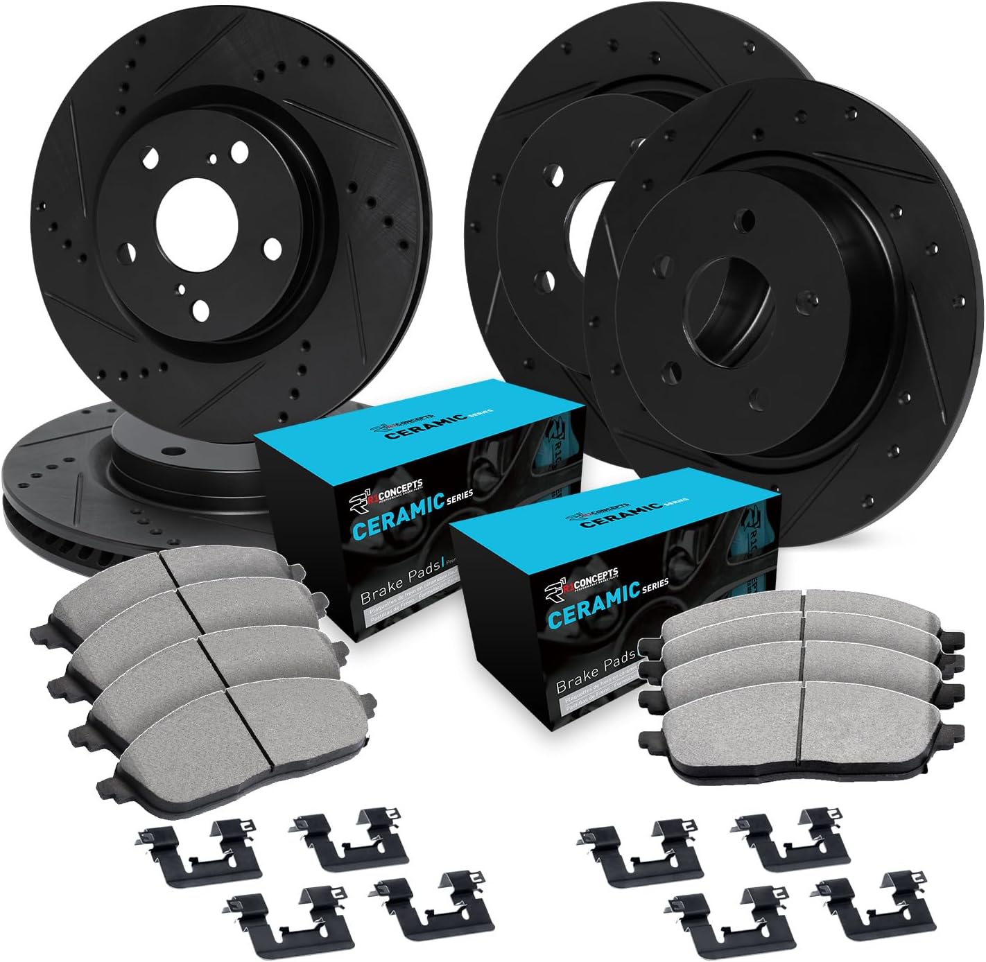 R1 Concepts Front and Rear Brake Kit Fits 2005-2023 Chrysler 300; 2005-2008 Dodge Magnum; 2006-2023 Dodge Charger| Ceramic Pads, Drilled Slotted Rotors| Hardware| 12.6' Front & 12.6' Rear