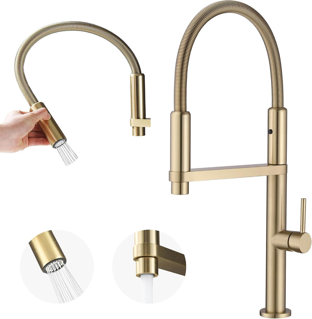 Magnetic Docking Kitchen Faucet with Pull Down Sprayer, Dual-Function Spray and 360 Degree Swivel, Commercial Spring Kitchen Faucet, Gold Brushed