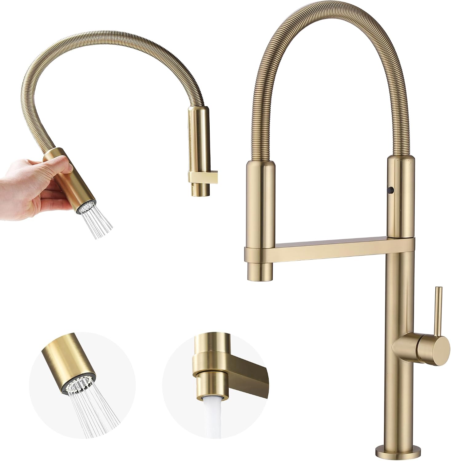 Magnetic Docking Kitchen Faucet with Pull Down Sprayer, Dual-Function Spray and 360 Degree Swivel, Commercial Spring Kitchen Faucet, Gold Brushed