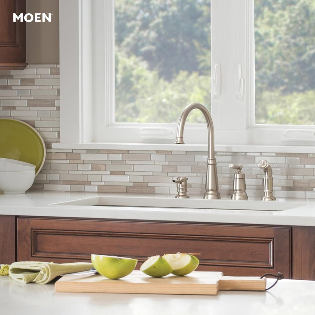 Moen 87042SRS Edison One-Handle High Arc Kitchen Faucet with Side Sprayer and Soap Dispenser, 4-Hole, Spot Resist Stainless