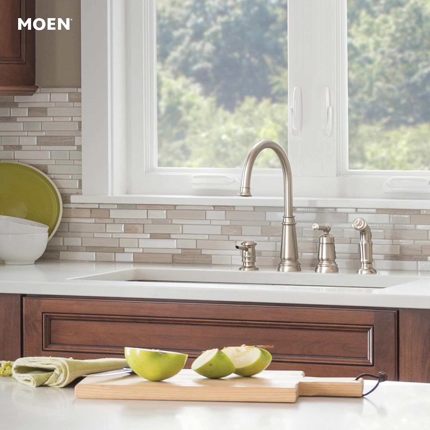 Moen 87042SRS Edison One-Handle High Arc Kitchen Faucet with Side Sprayer and Soap Dispenser, 4-Hole, Spot Resist Stainless