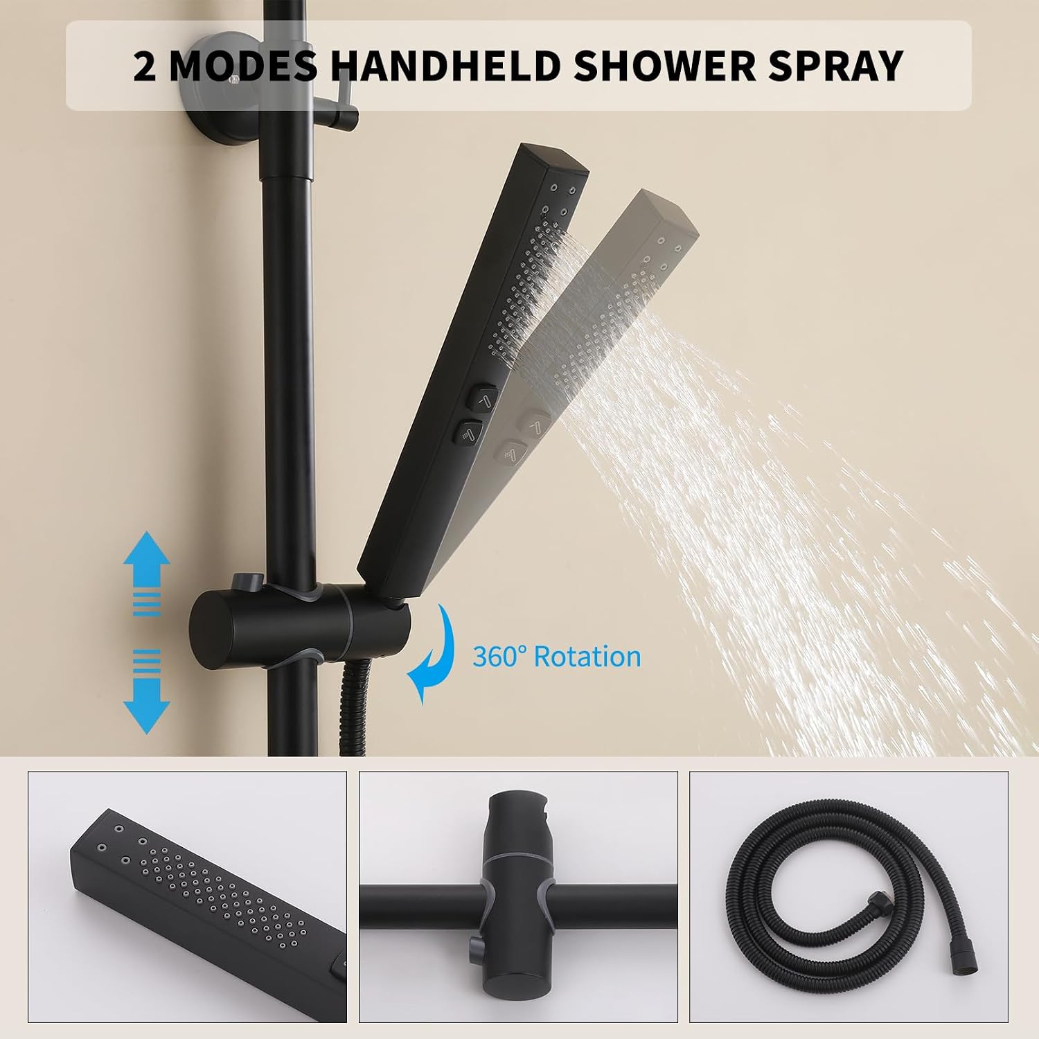 Exposed Shower System 10' Matte Black Rainfall Shower Head with 2 Modes Handheld and Tub Faucet Set, Square Shower Head 3 Functions Outdoor Shower Fixtures with Brass Valve, Height Adjustable