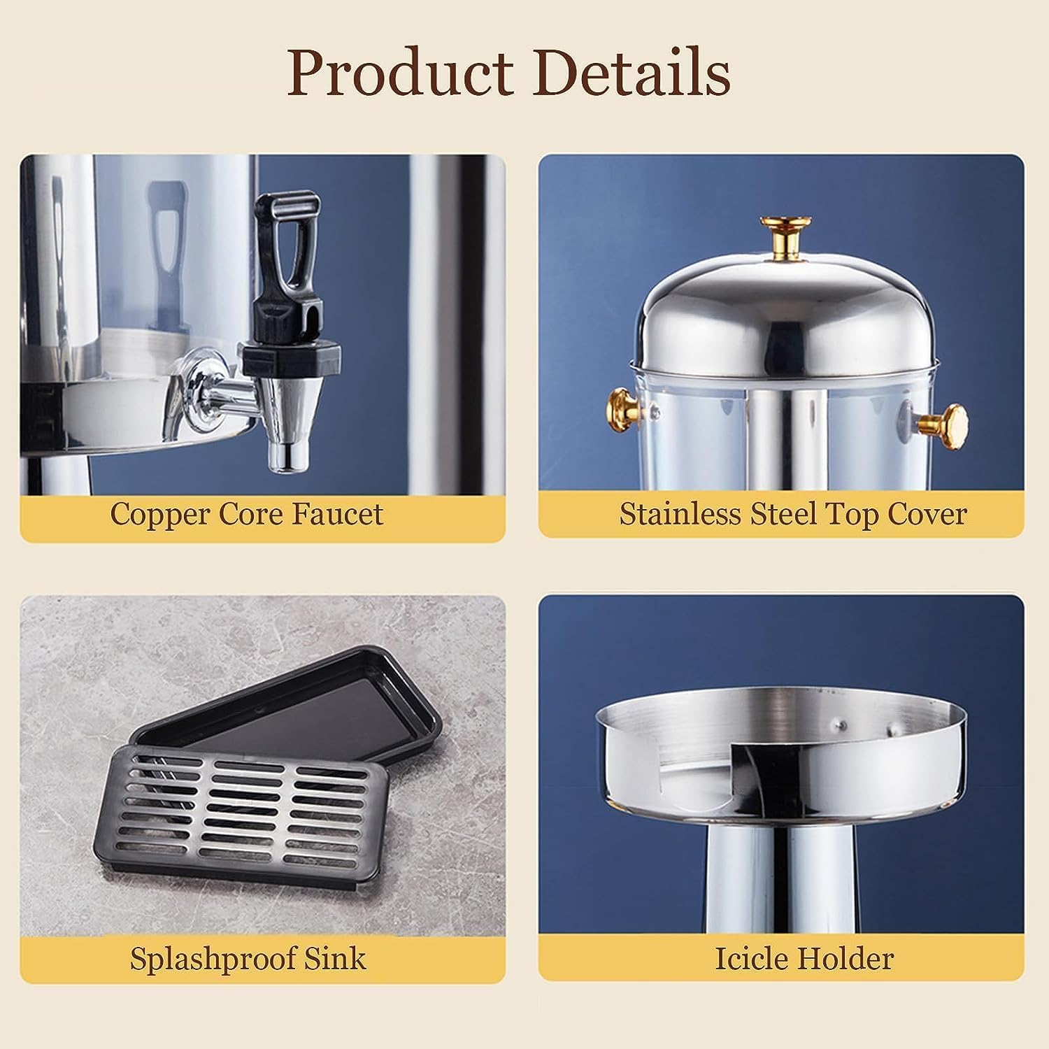 Drink dispensers for Parties, Beverage Machine, Buffet Stainless Steel Juice Bucket, Hot and Cold Drink Machine with Faucet, for Restaurant Hotel Bar(Gold,16L)