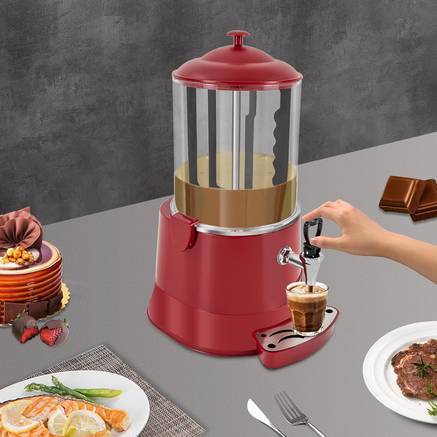 10L Commercial Hot Chocolate Maker Machine Chocolate Dispenser Warmer With Faucet 400W 110V Hot Beverage Warmer for Heating Chocolate Coffee Milk (10L-Red)