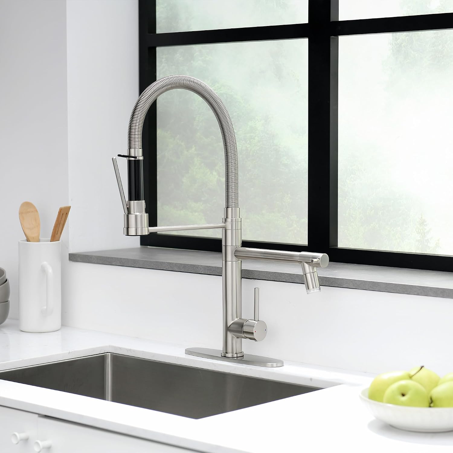 GIMILI Commercial Dual-Spout Kitchen Sink Faucet with Pull Down Sprayer Brushed Nickel LED Kitchen Faucet