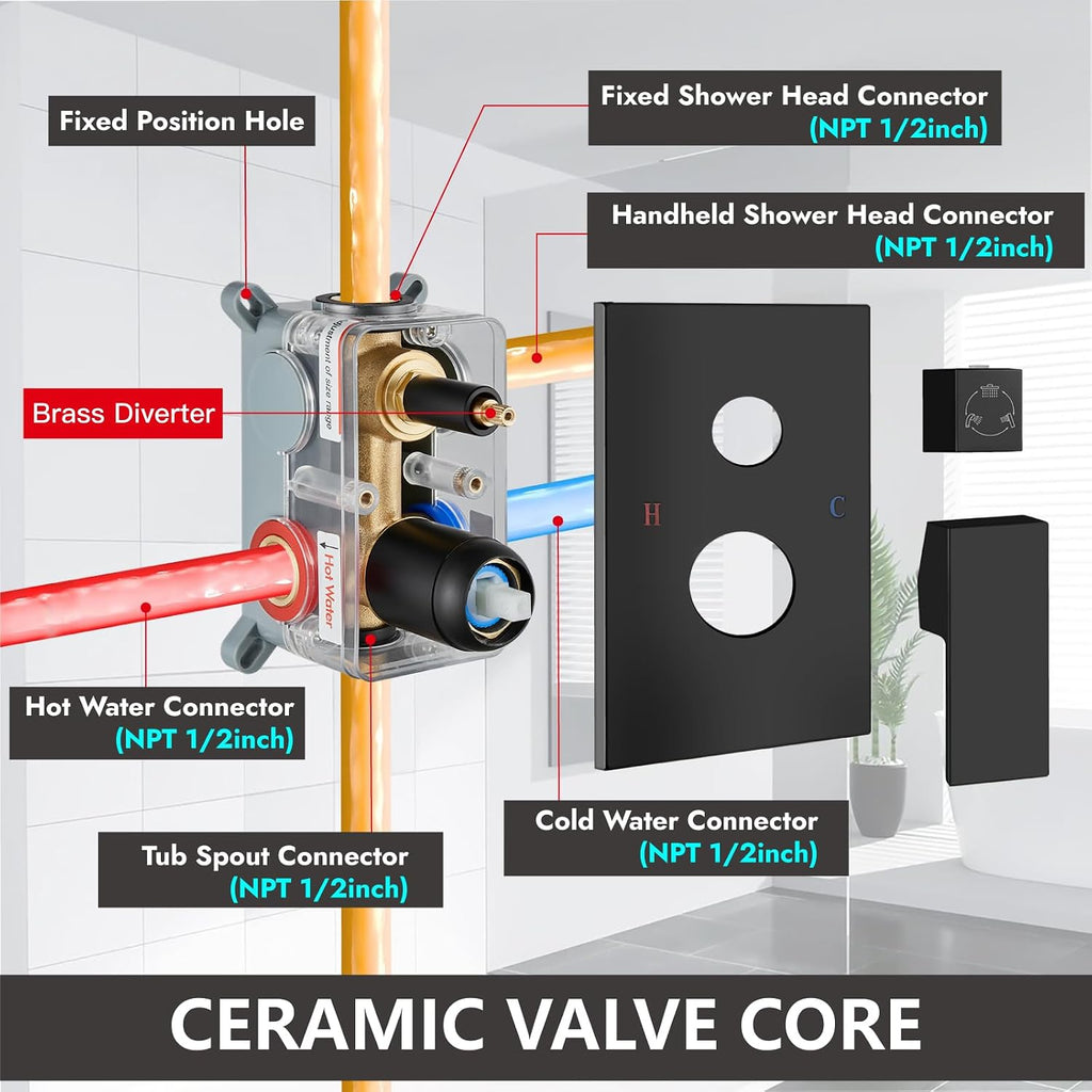 Midanya Rain Shower System Tub Shower Faucet Set Square Rainfall Waterfall Shower Head with Handheld Sprayer Tub Spout Combo Wall Mounted bathtub faucet set Rough-in Valve, 8 Inch Matte Black