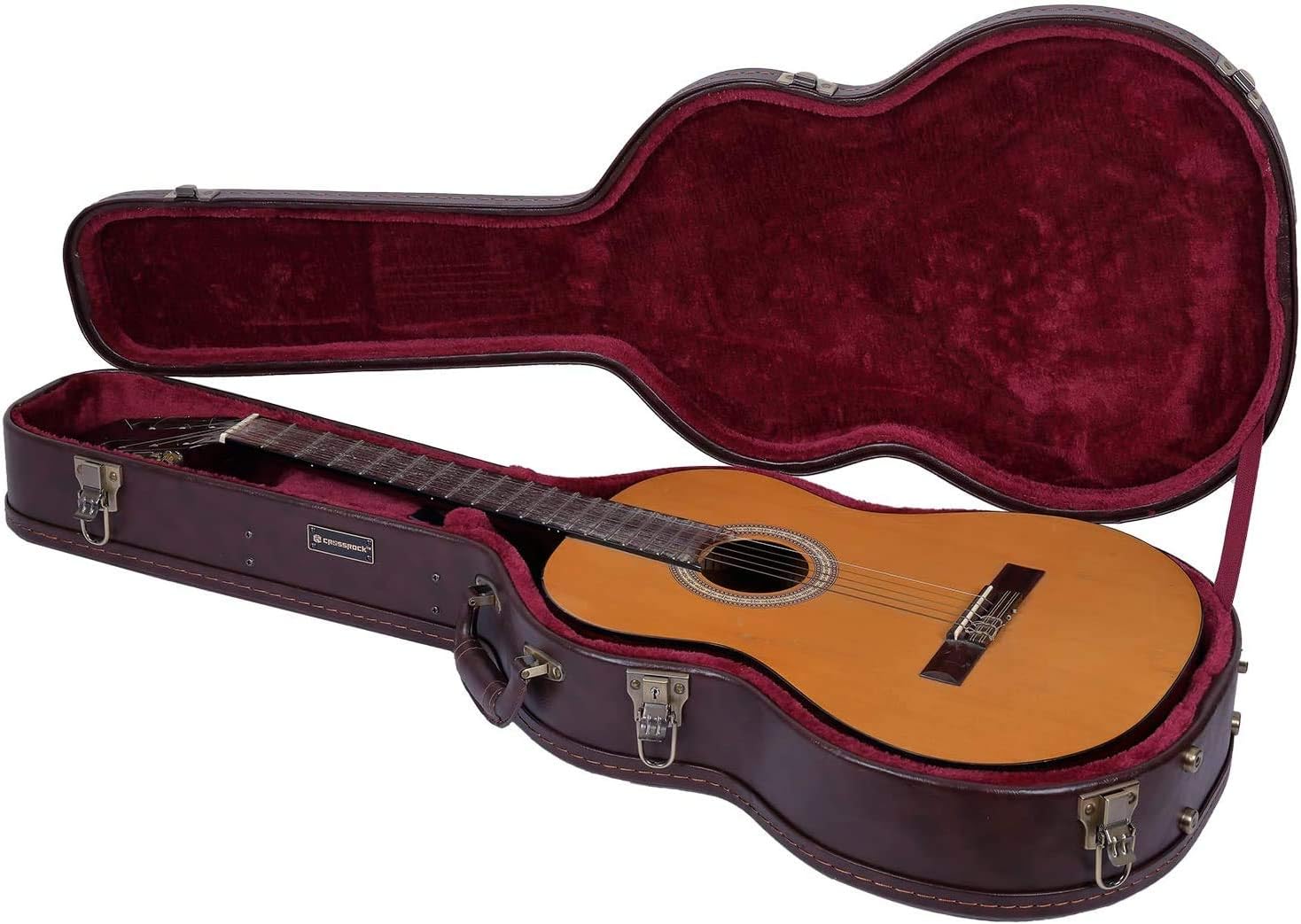 Crossrock Wooden Classical Guitar Case for 4/4 Full Size | Arched Top Design, Plush Interior, Metal Latches, Storage Compartment – Durable Hard Shell-Vintage Brown (CRW600CBR)