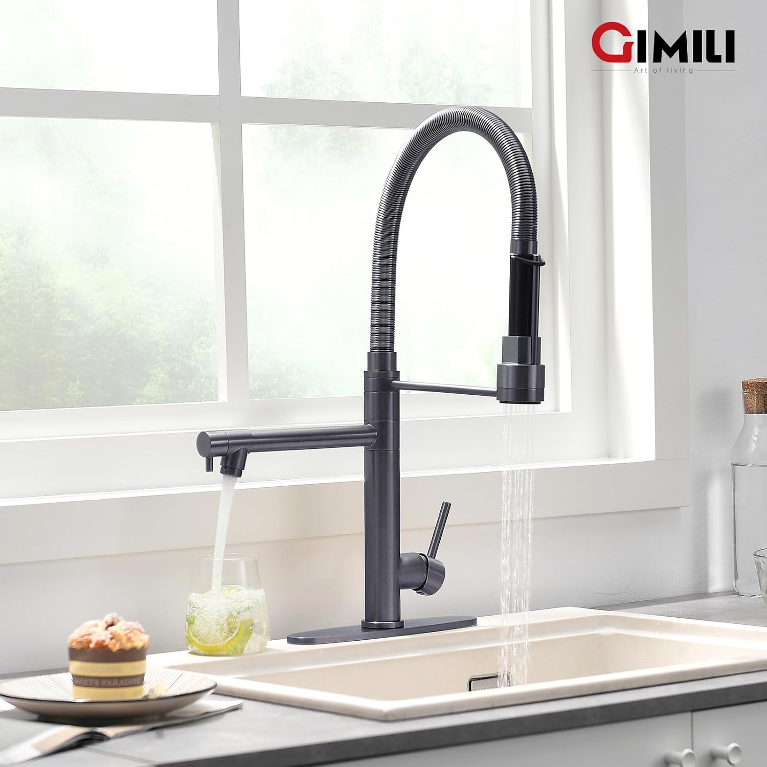 GIMILI Black Stainless Commercial Kitchen Faucet with Pull Down Sprayer Double-Headed Kitchen Faucets with Deck Plate
