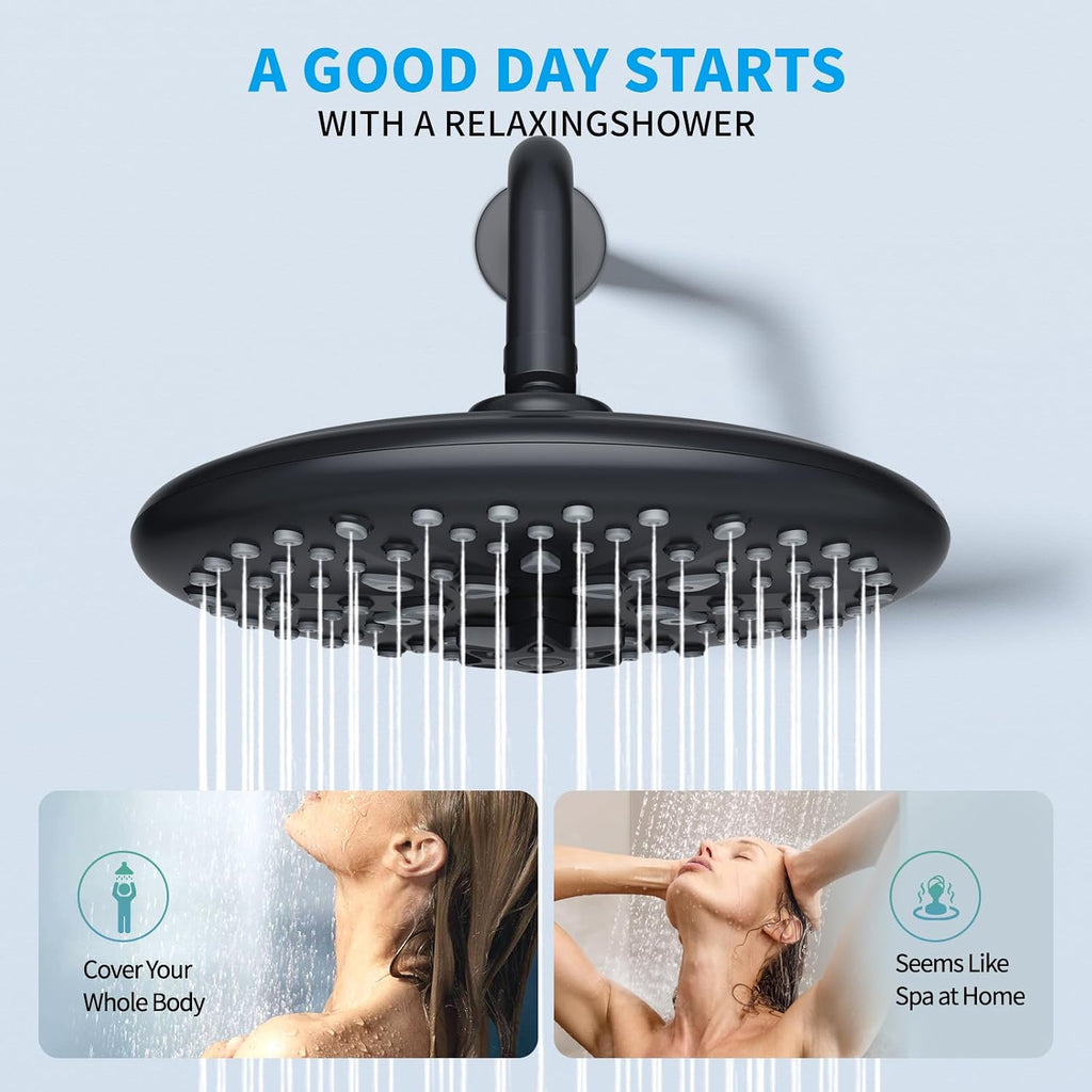 EMBATHER Shower Faucet Sets - Overhead Rain Head Shower System with High Pressure Handheld Complete Combo and Mixer Valve Trim Kit - Matte Black Rainfall Shower Fixture for Luxury Bathroom