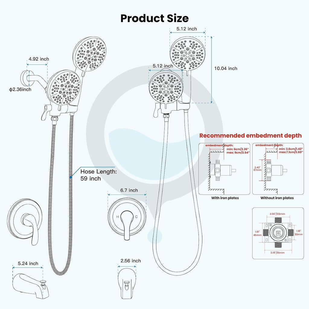 gotonovo Tub Shower Faucet Set,2 in 1 Dual Shower Head and Handle Set with Tub Spout Wall Mount Bathroom Shower Trim Kit with 3-way Water Diverter Valve Included Various Modes Brushed Nickel