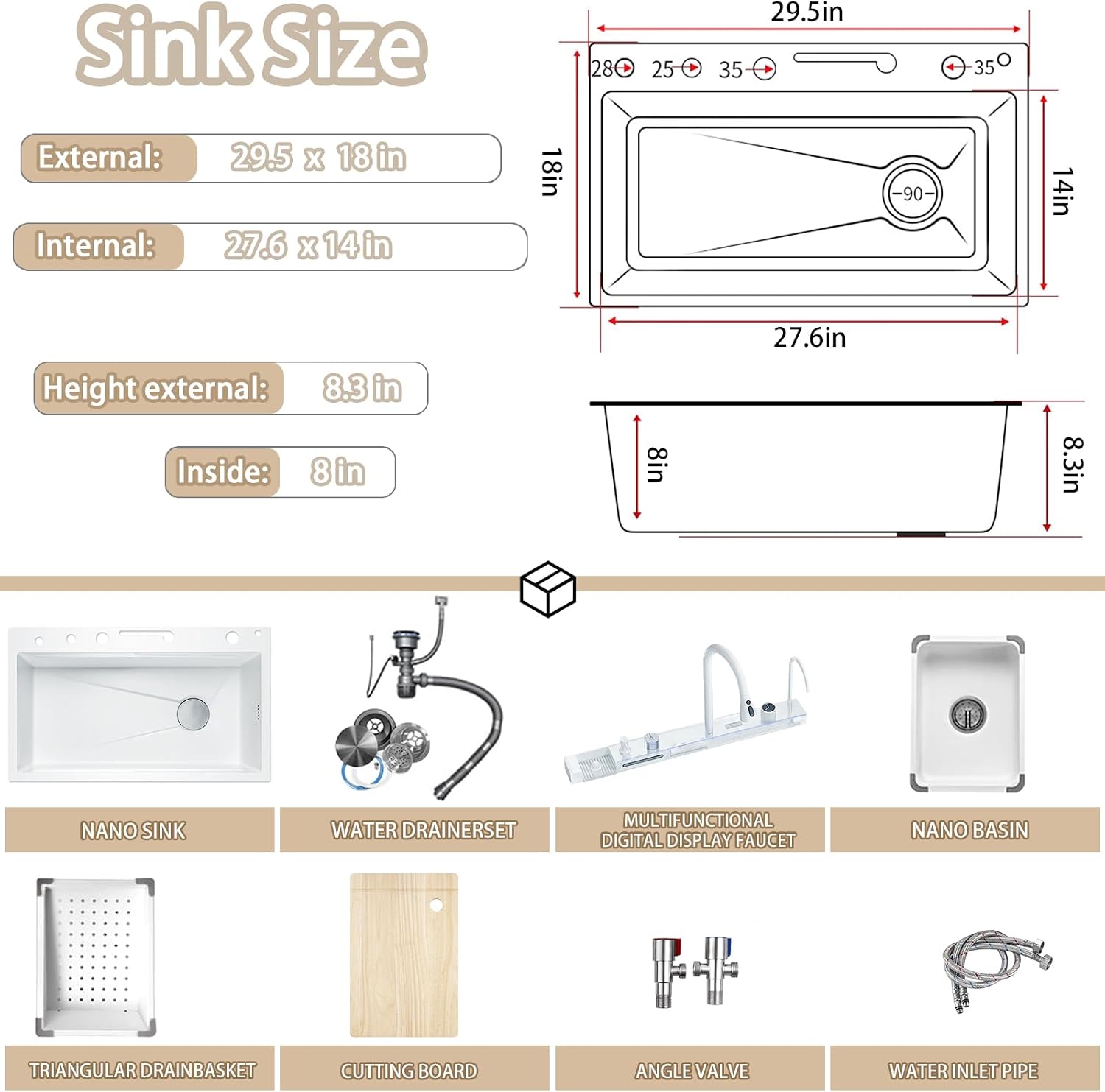 29.5 inch White Smart Digital Display Waterfall Sink, 304 Stainless Steel Modern Kitchen Sink with 5 Water Outlet Modes, Waterfall Pull-Out Faucet, Cup Washers and Accessory Set