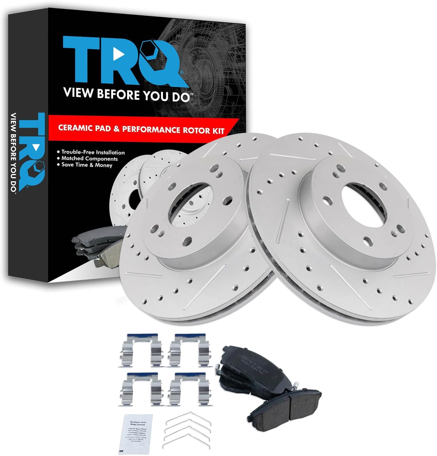 TRQ Performance Front Brake Pad and Rotor Set Ceramic Coated Drilled Slotted Rotors Compatible with 1996-1999 Infiniti I30 1989-1999 Nissan Maxima