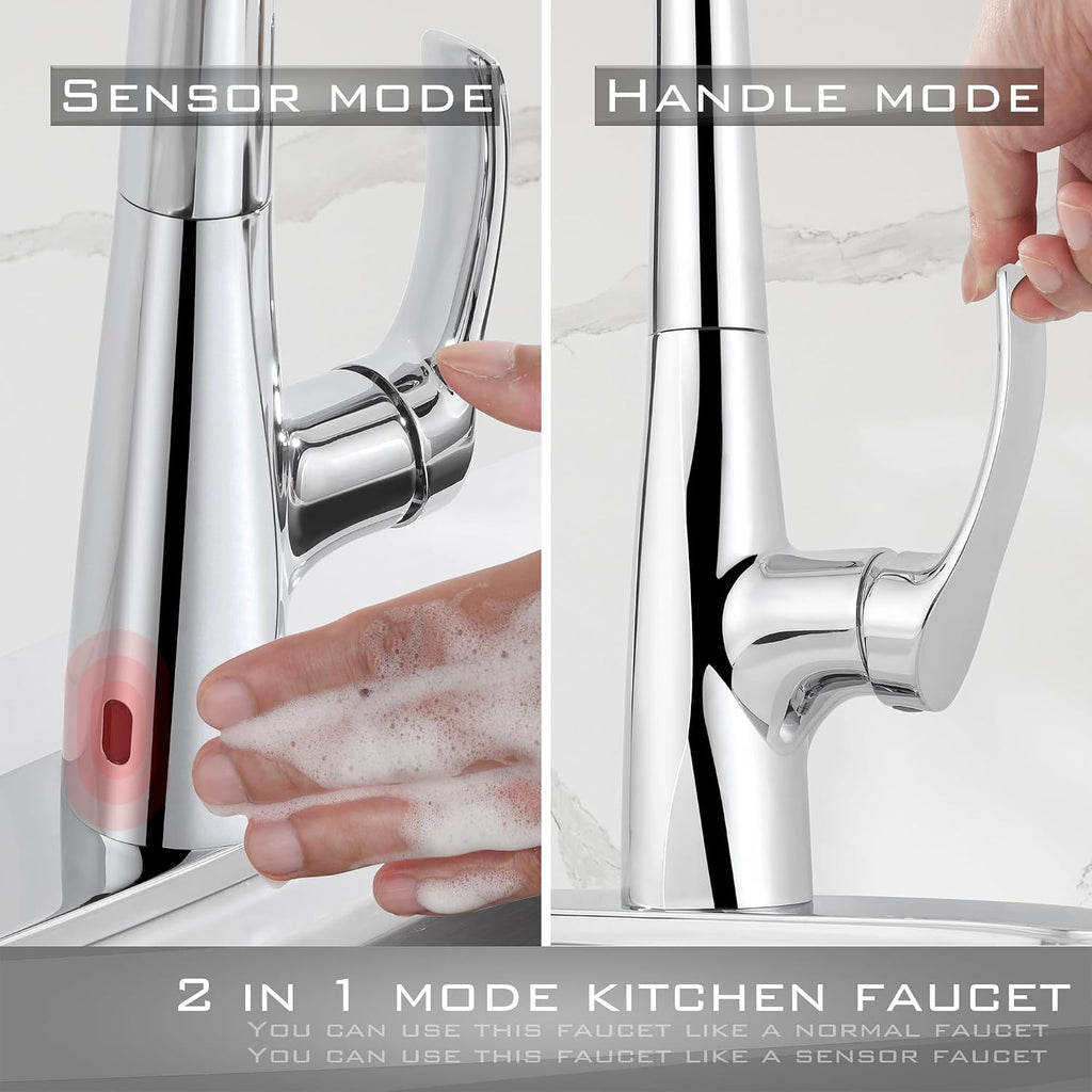 Chrome Kitchen Faucet with Pull Down Sprayer Single Hole, Motion Sensor Touchless Single Handle Kitchen Sink Faucet, Stainless Steel Hand Free Sink Faucet for Kitchen 1 or 3 Hole