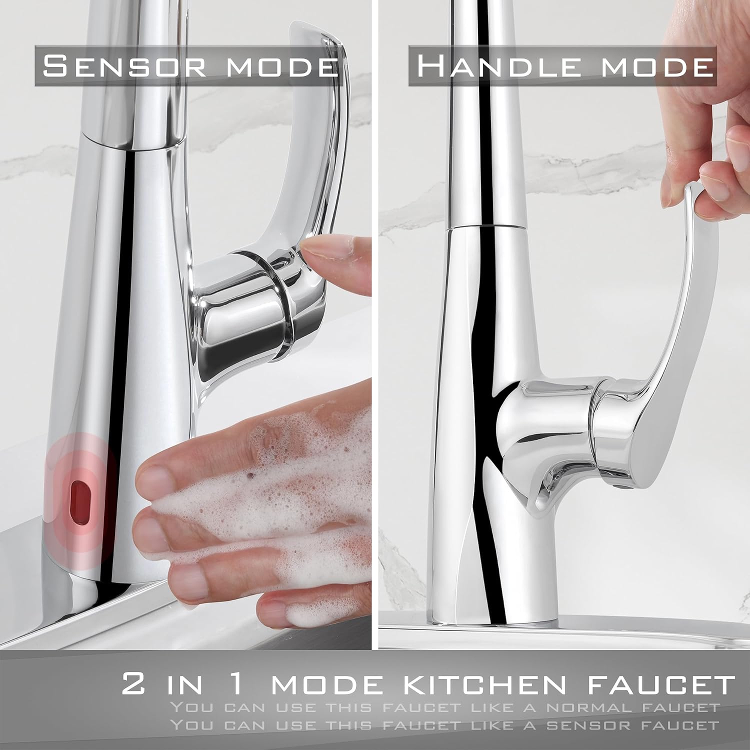 Chrome Kitchen Faucet with Pull Down Sprayer Single Hole, Motion Sensor Touchless Single Handle Kitchen Sink Faucet, Stainless Steel Hand Free Sink Faucet for Kitchen 1 or 3 Hole