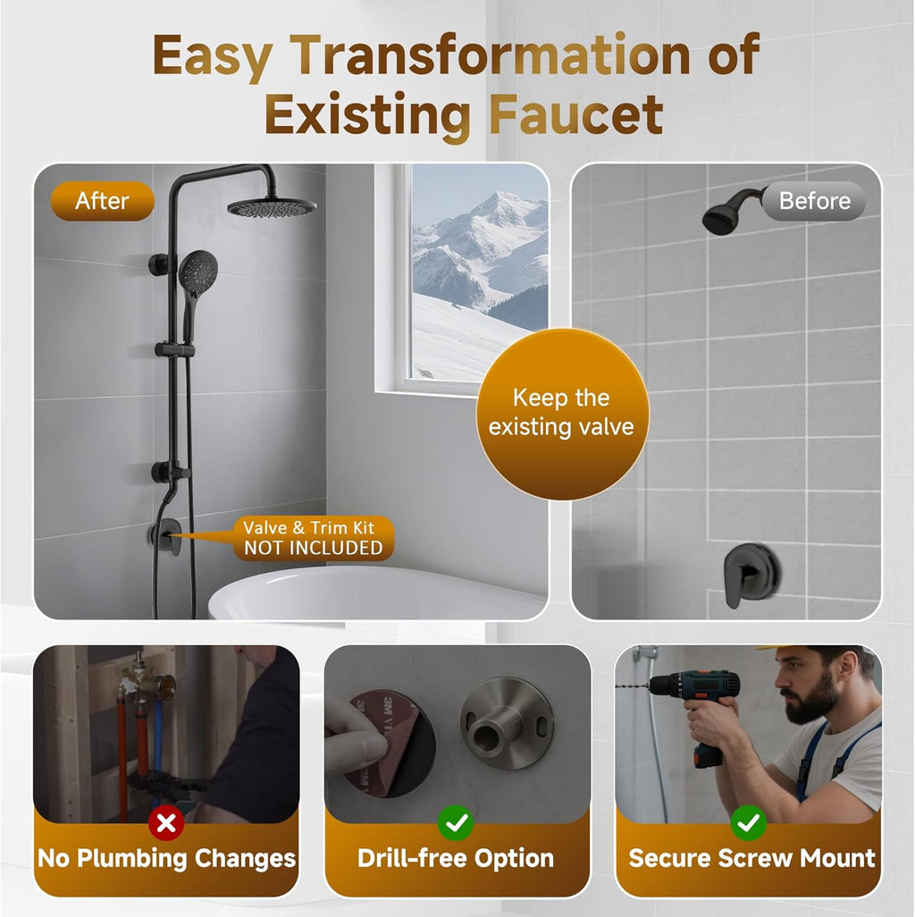 BRIGHT SHOWERS Rain Shower System Combo - 9 Inch Rainfall & Handheld Shower Heads with Power Wash, Solid Brass Rail, Height Adjustable Holder, 60 Inch Long Stainless Steel Hose, Matte Black
