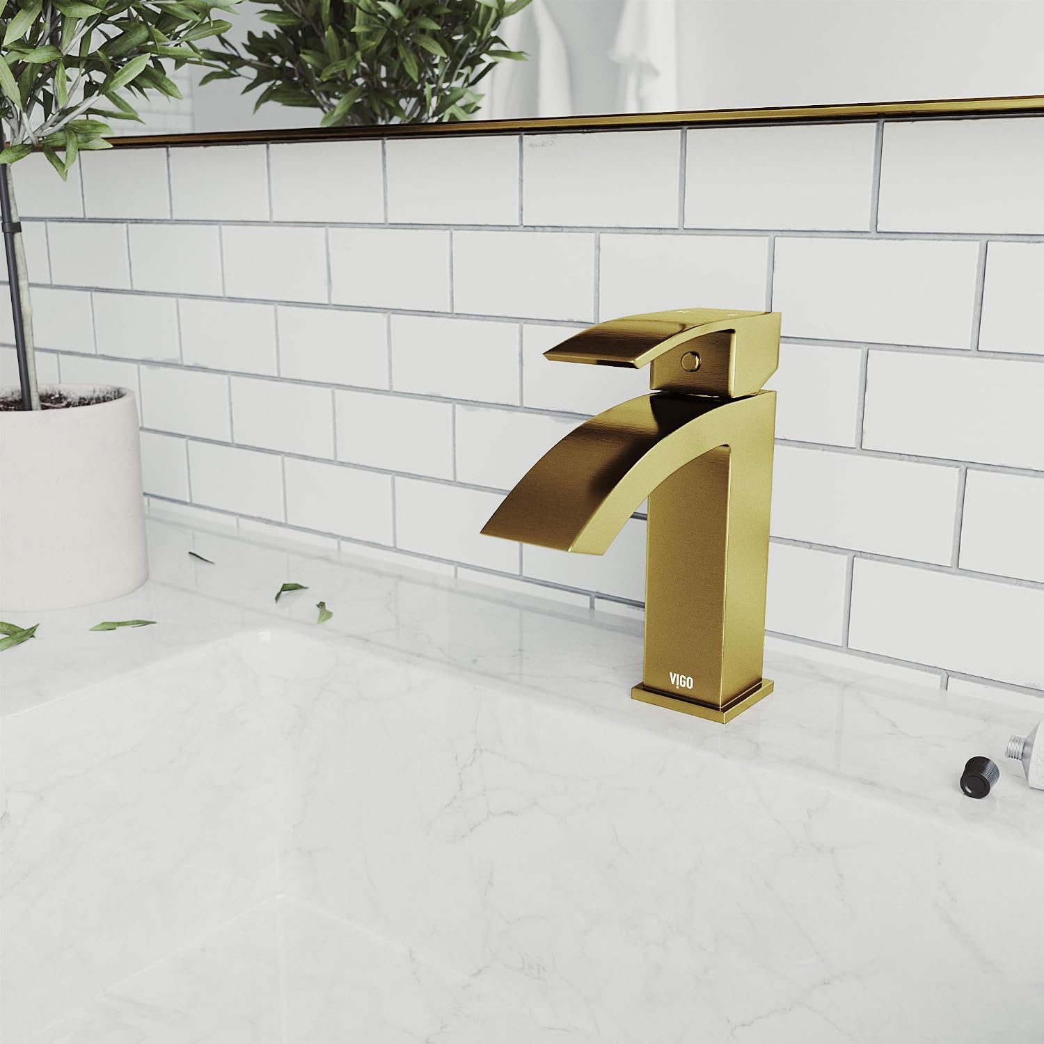 VIGO Satro Waterfall Single-Handle Single-Hole Mount Bathroom Sink Faucet, 7-Inch, Matte Brushed Gold, Modern Design, Solid Brass, 1.2 GPM WaterSense & Ceramic Disc Valve, Corrosion-Resistant