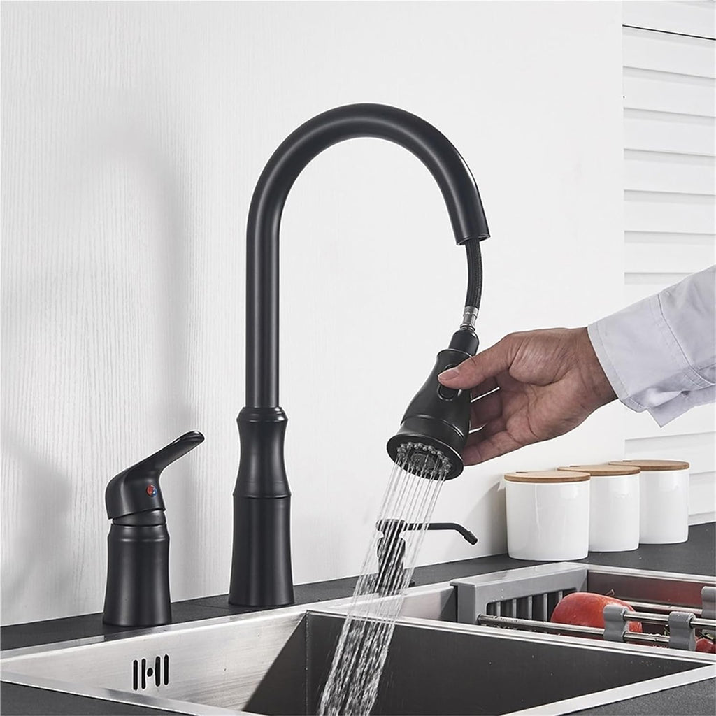 Brass Kitchen Faucet Pull Out Flexible Sink Mixer Taps Hot & Cold Water Mixer Cranes Water Saving Bathroom Faucets(Black B)