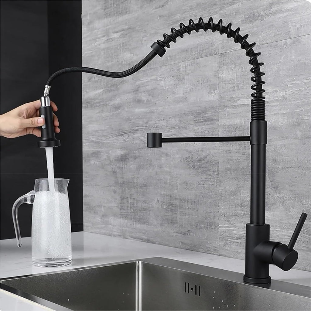 Kitchen Faucet Pull Out Spring Cold and Hot Water Sink Mixer Spray Tap Deck Mounted Stainless Steel Single Handle Tap(Black)