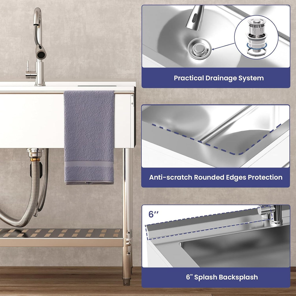 Stainless Steel Utility Sink, 30.8'' Free Standing Single Bowl Sink with Pull-Out Faucet & basket & Cold and Hot Water Pipe, Indoor and Outdoor Sink for Laundry Room, Garage, Kitchen, Silver