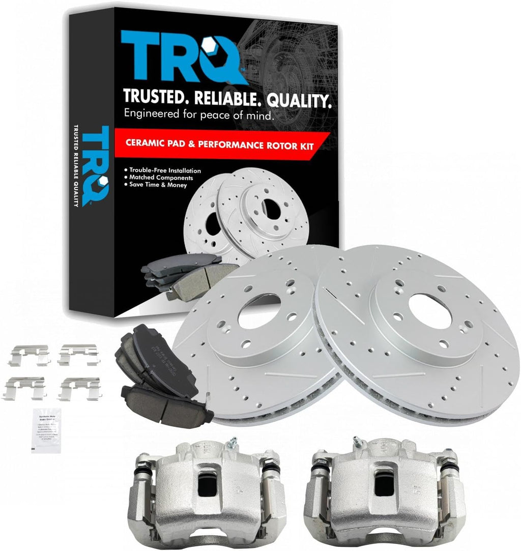 TRQ Performance Front Brake Pad and Rotor Set Ceramic Coated Drilled Slotted Rotors Calipers Compatible with 2001-2003 Acura CL 1999-2008 TL 2003-2009 Honda Accord