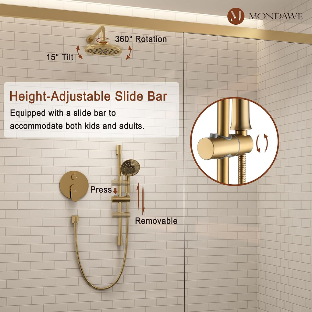 MONDAWE 8 Inch Wall Mounted Shower Faucet Set in Brushed Gold, Rainfall Shower Head with 3-Setting Handheld Spray Shower Set Combo, High Pressure Shower System with Solid Brass Valve